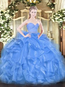 Flare Sweetheart Sleeveless Quinceanera Dresses Floor Length Beading and Lace and Ruffles Baby Blue Organza