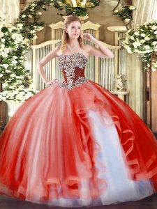 Beading and Ruffles Quinceanera Dress Coral Red Lace Up Sleeveless Floor Length