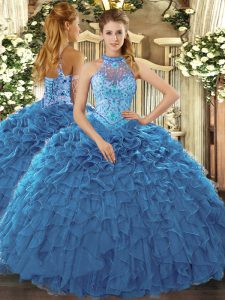 Gorgeous Floor Length Lace Up Quinceanera Dresses Teal for Prom and Sweet 16 and Quinceanera with Beading and Ruffles