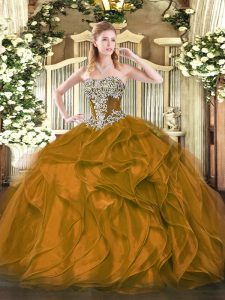 Strapless Sleeveless Lace Up 15 Quinceanera Dress Brown Organza
