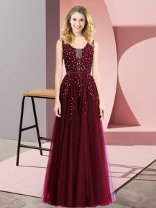 New Arrival Burgundy Backless Beading and Appliques Sleeveless Floor Length