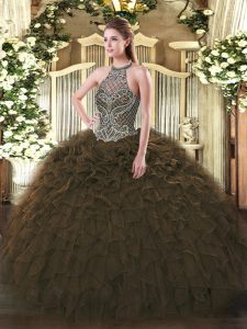 Affordable Sleeveless Organza Floor Length Lace Up Quinceanera Dresses in Olive Green with Beading and Ruffles