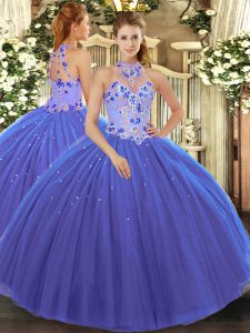 Elegant Floor Length Blue Vestidos de Quinceanera Halter Top Sleeveless Lace Up