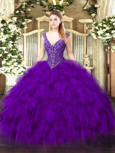 Floor Length Purple 15th Birthday Dress V-neck Sleeveless Lace Up