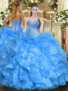 Baby Blue Organza Lace Up Sweet 16 Dress Sleeveless Floor Length Beading and Ruffles