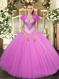 Sleeveless Floor Length Beading Lace Up Quinceanera Dresses with Lilac