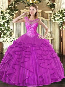 Most Popular Fuchsia Sweetheart Neckline Beading and Ruffles Quinceanera Dress Sleeveless Lace Up