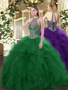 Modest Green Sleeveless Organza Lace Up 15 Quinceanera Dress for Sweet 16 and Quinceanera
