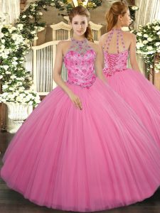 Rose Pink Sleeveless Tulle Lace Up Quinceanera Dresses for Military Ball and Sweet 16 and Quinceanera