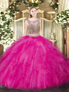Cheap Beading and Ruffles Sweet 16 Quinceanera Dress Hot Pink Lace Up Sleeveless Floor Length