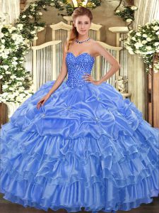 Extravagant Baby Blue Ball Gowns Organza Sweetheart Sleeveless Beading and Ruffled Layers and Pick Ups Floor Length Lace Up Sweet 16 Dress