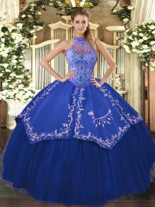 Customized Blue Halter Top Lace Up Beading and Embroidery Sweet 16 Quinceanera Dress Sleeveless