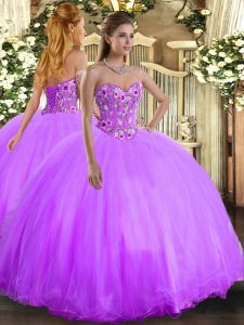 Luxury Lavender Ball Gowns Sweetheart Sleeveless Organza and Tulle Floor Length Lace Up Embroidery 15 Quinceanera Dress