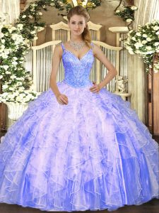 Suitable Floor Length Lavender Sweet 16 Quinceanera Dress Tulle Sleeveless Beading and Ruffles