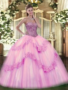 Dynamic Pink Tulle Lace Up Sweetheart Sleeveless Floor Length Vestidos de Quinceanera Beading and Appliques and Ruffles
