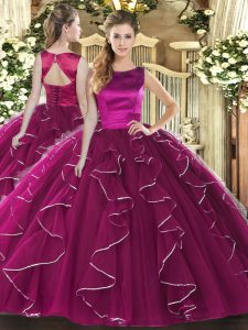 Fuchsia Lace Up Sweet 16 Dresses Ruffles Sleeveless Floor Length
