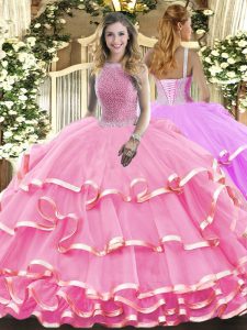 Hot Sale Rose Pink Quinceanera Dress Military Ball and Sweet 16 and Quinceanera with Beading and Ruffled Layers High-neck Sleeveless Lace Up