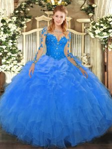 Enchanting Scoop Long Sleeves Lace Up Quinceanera Gowns Blue Organza