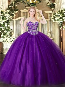 Purple Ball Gowns Tulle Sweetheart Sleeveless Beading Floor Length Lace Up 15th Birthday Dress