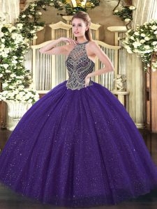 Customized Purple Tulle Lace Up Halter Top Sleeveless Floor Length Vestidos de Quinceanera Beading