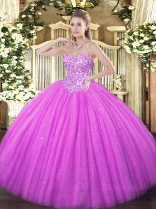 Gorgeous Lilac Ball Gowns Sweetheart Sleeveless Tulle Floor Length Lace Up Appliques Vestidos de Quinceanera