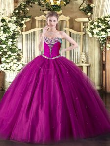 Fuchsia Lace Up Sweetheart Beading Vestidos de Quinceanera Tulle Sleeveless