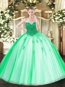 Turquoise Ball Gowns Beading 15th Birthday Dress Lace Up Tulle Sleeveless Floor Length