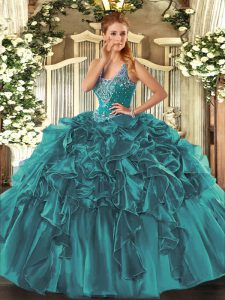 Superior Teal Lace Up Sweet 16 Quinceanera Dress Beading and Ruffles Sleeveless Floor Length