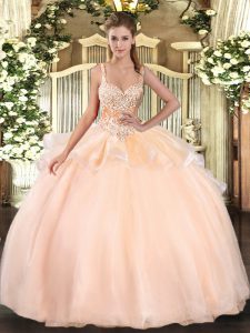 Customized Peach Lace Up Quinceanera Dress Beading Sleeveless Floor Length