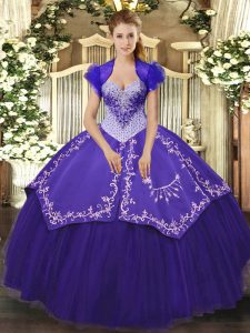 Spectacular Satin and Tulle Sweetheart Sleeveless Lace Up Beading and Embroidery Quinceanera Gowns in Purple