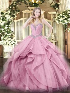 Pink Lace Up Vestidos de Quinceanera Beading and Ruffles Sleeveless Floor Length