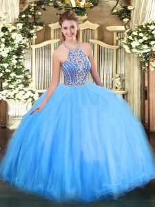 Flare Blue Sleeveless Floor Length Beading Lace Up Quinceanera Dresses