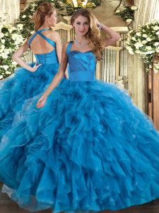 Low Price Blue Halter Top Neckline Ruffles Ball Gown Prom Dress Sleeveless Lace Up