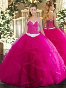 Fuchsia Sweetheart Neckline Appliques and Ruffles Quince Ball Gowns Sleeveless Lace Up