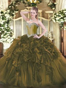 Spectacular Olive Green Ball Gowns Sweetheart Sleeveless Organza Floor Length Lace Up Beading and Ruffles Sweet 16 Dresses