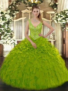 Super Floor Length Zipper Quinceanera Dresses Olive Green for Military Ball and Sweet 16 and Quinceanera with Beading and Ruffles