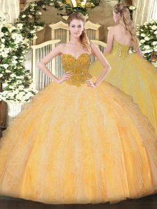 Edgy Orange Sleeveless Floor Length Beading and Ruffles Lace Up Quinceanera Gowns