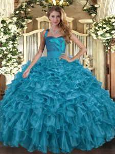 Fitting Ball Gowns 15th Birthday Dress Teal Halter Top Organza Sleeveless Floor Length Lace Up