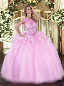 Pink Organza Zipper 15th Birthday Dress Sleeveless Floor Length Beading