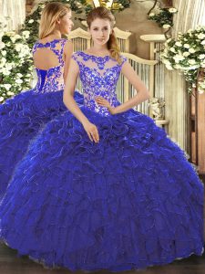Amazing Royal Blue Lace Up Scoop Beading and Ruffles 15 Quinceanera Dress Organza Cap Sleeves