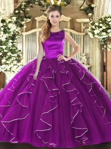 Great Eggplant Purple Tulle Lace Up Quinceanera Gown Sleeveless Floor Length Ruffles