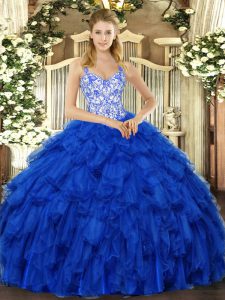 Royal Blue Straps Neckline Beading and Ruffles Sweet 16 Quinceanera Dress Sleeveless Lace Up