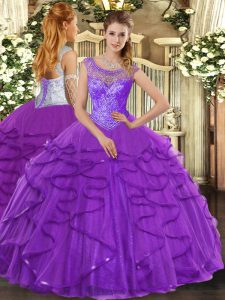 Purple Sleeveless Beading and Ruffles Floor Length 15th Birthday Dress