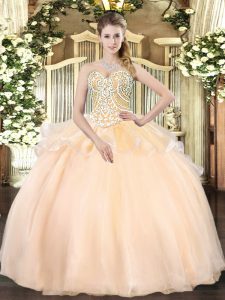 Sleeveless Organza Floor Length Lace Up 15 Quinceanera Dress in Champagne with Beading