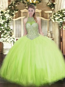 Chic Ball Gowns 15th Birthday Dress Yellow Green Halter Top Tulle Sleeveless Floor Length Lace Up