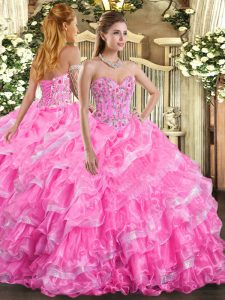 Dazzling Rose Pink Sweet 16 Quinceanera Dress Military Ball and Sweet 16 and Quinceanera with Embroidery and Ruffled Layers Sweetheart Sleeveless Lace Up
