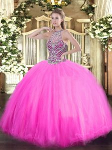 Rose Pink Ball Gowns Beading Sweet 16 Quinceanera Dress Lace Up Tulle Sleeveless Floor Length