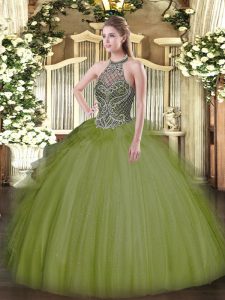 Halter Top Sleeveless Tulle Vestidos de Quinceanera Beading Lace Up