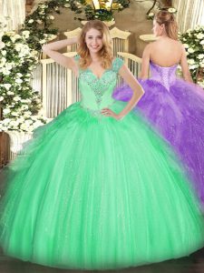 Custom Fit Floor Length Lace Up Quince Ball Gowns Apple Green for Military Ball and Sweet 16 and Quinceanera with Beading