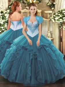 Fabulous Floor Length Ball Gowns Sleeveless Teal Quinceanera Gowns Lace Up
